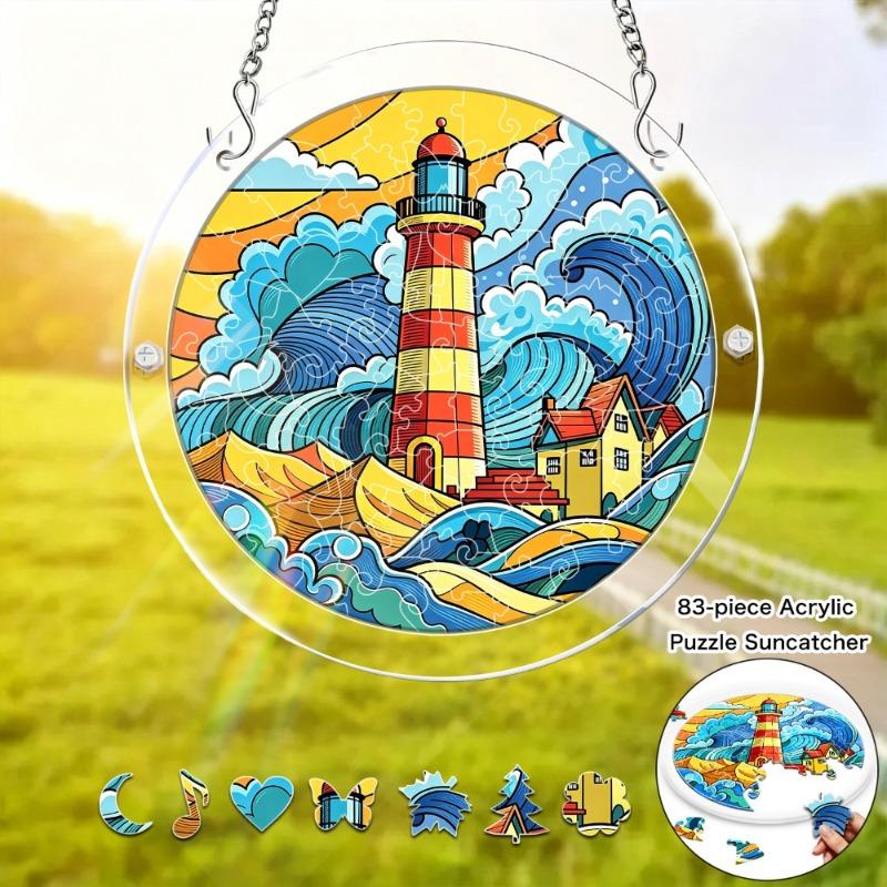 2D Flat, 1set/83pcs 18.8cm Acrylic Jigsaw Seaside Lighthouse Stained Glass Acrylic Puzzle Sun-Catching Hanging Ornament Bright Nautical Mosaic Design