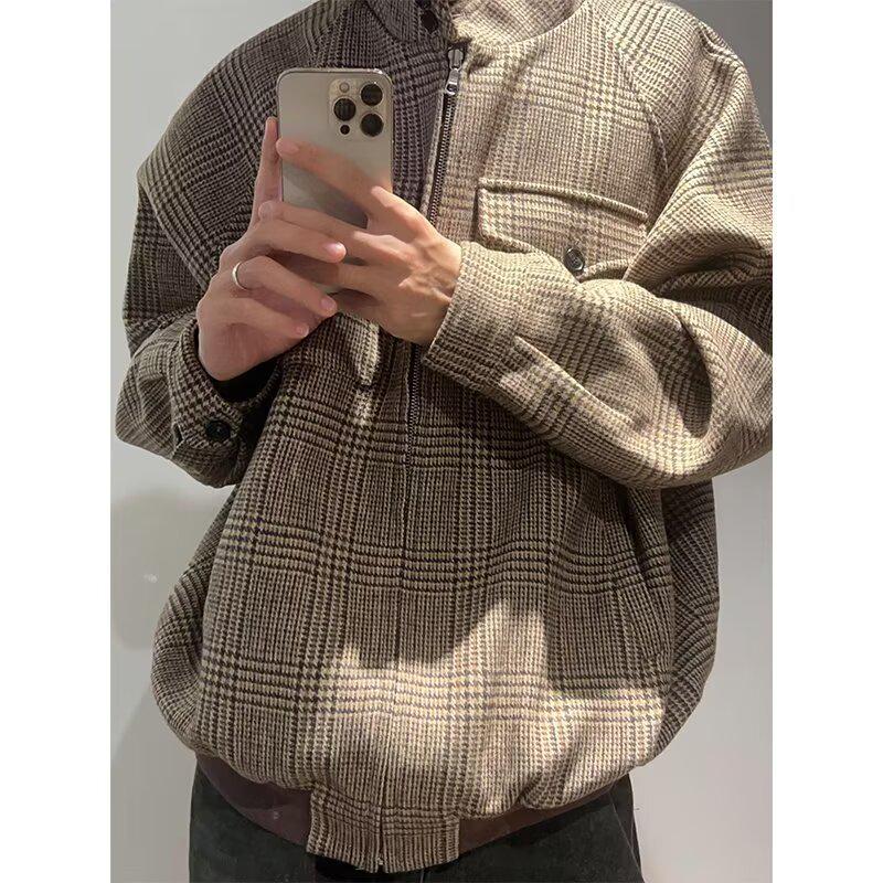 Men's Korean Style Houndstooth Retro Stand-up Collar Harrington Jacket, Autumn/Winter Wool Coat