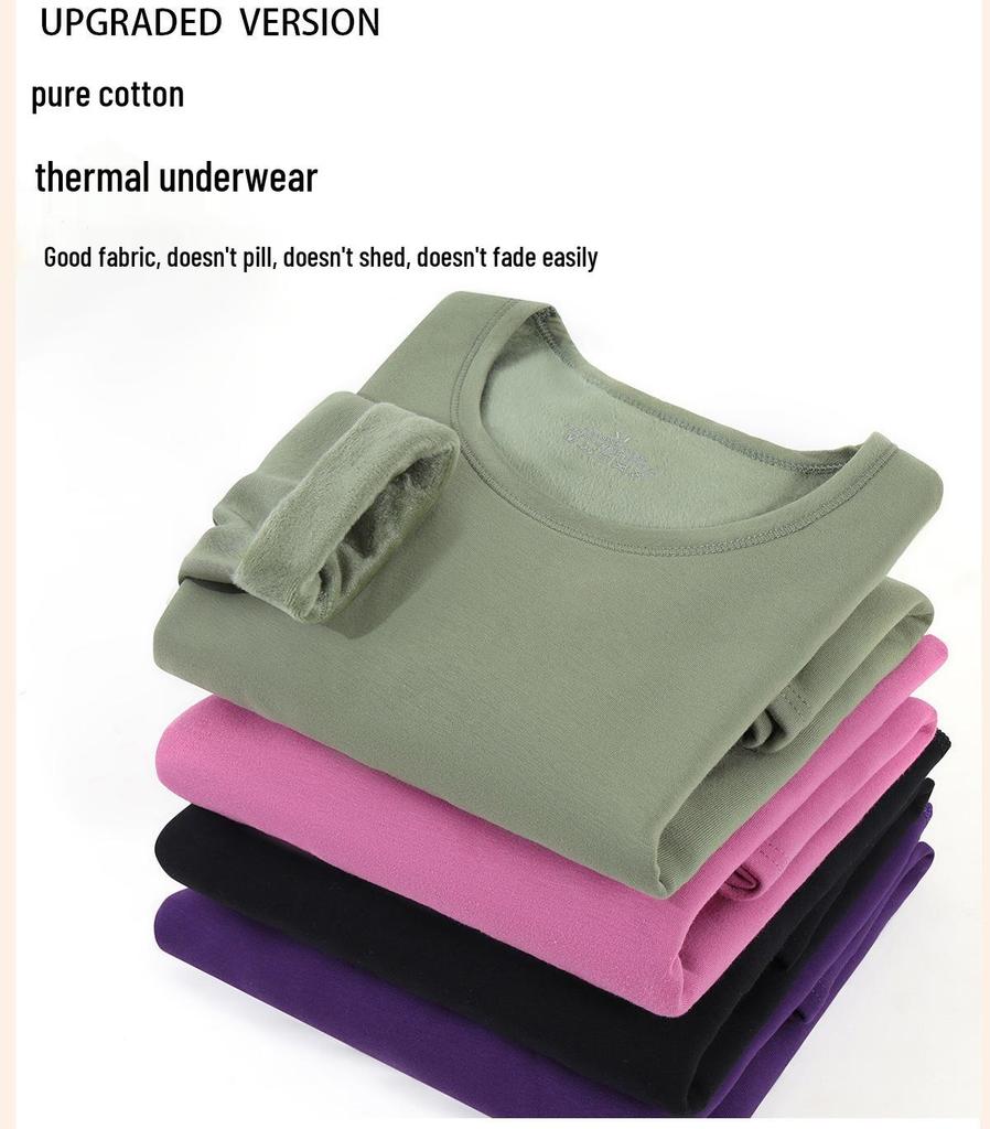 Men's and Women's Fleece-lined Crew Neck Warm Underwear Set: Heat-generating, Cold-proof, Pure Cotton for Autumn.