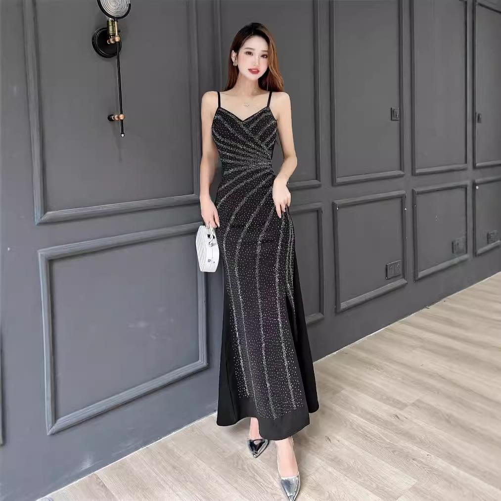 New navy blue suspender V-neck sexy dress birthday party light luxury niche design host split dress