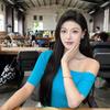 Blue Diagonal Collar One Shoulder Knitting Short Sleeve T-shirt Female French Style Design Silm Slimming Short Top Fall Base
