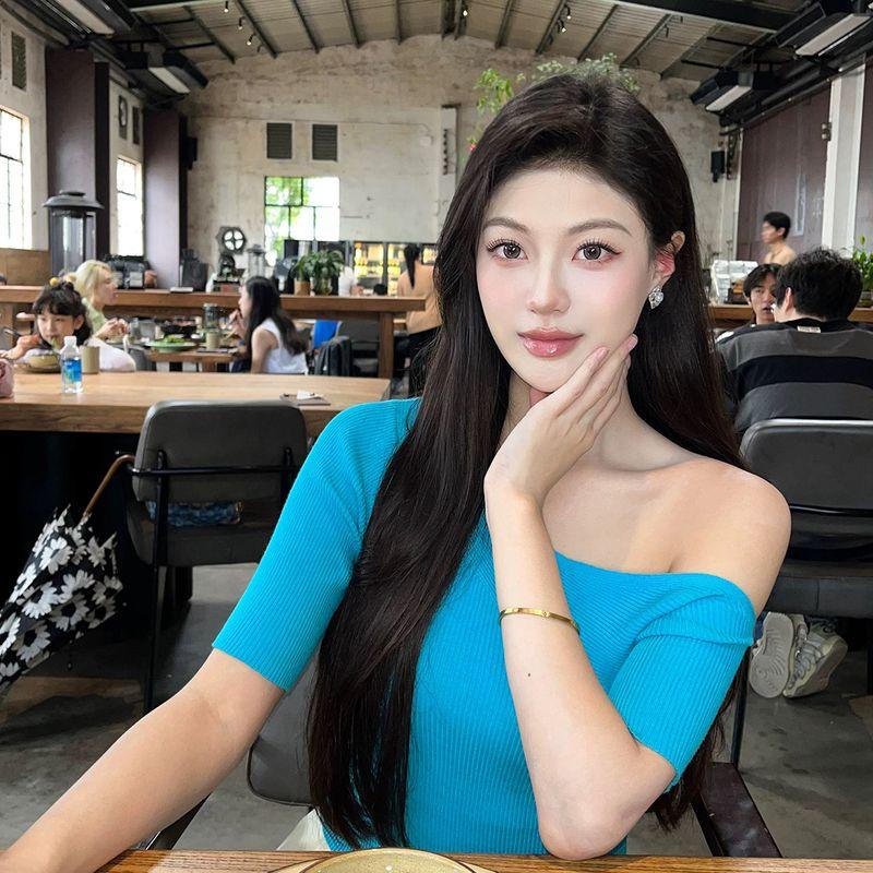 Blue Diagonal Collar One Shoulder Knitting Short Sleeve T-shirt Female French Style Design Silm Slimming Short Top Fall Base