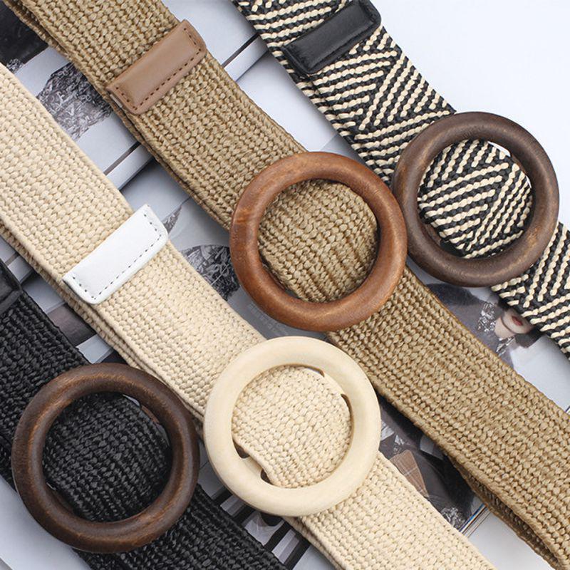 Lady Bohemian Elastic Braided Belt  Female Dress Jeans Wide Black PP Straw Designer Wood Buckle Boho Belts