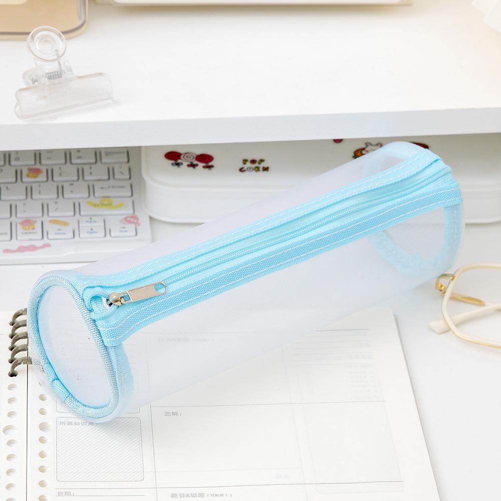 Round Mesh Pencil Case Lightweight Multi-Purpose Transparent Pens Pouch Large Capacity Aesthetic Bag Student Stationary синий