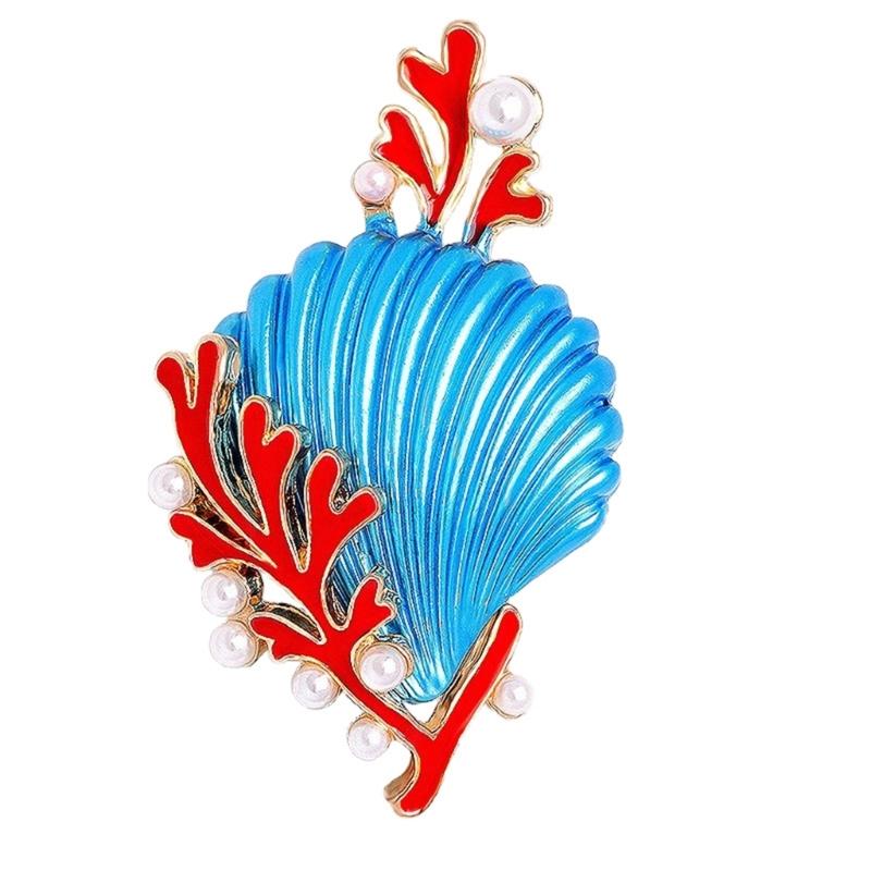 

Fashionable Coral Shell Brooch with Faux Pearls Embellishment Enamel Lapel Pin Alloy Statement Jewelry Accessories синій