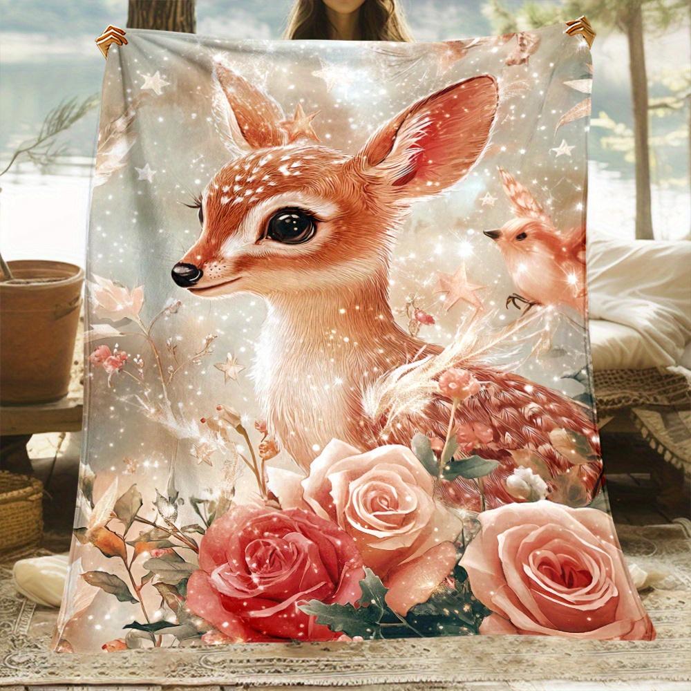 Cute deer and floral patterns Flannel printed blanket suitable for all seasons suitable for living room office sofa and travel