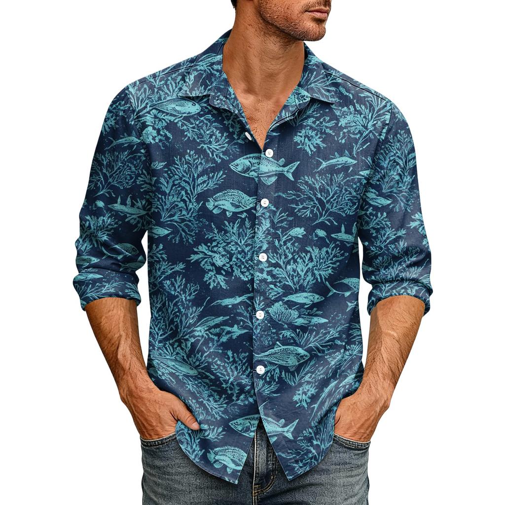 Men's Hawaiian Loose Fit Long Sleeve Shirt with Classic Collar Vintage Casual Button Down Shirt Suitable for Spring and Autumn Wear
