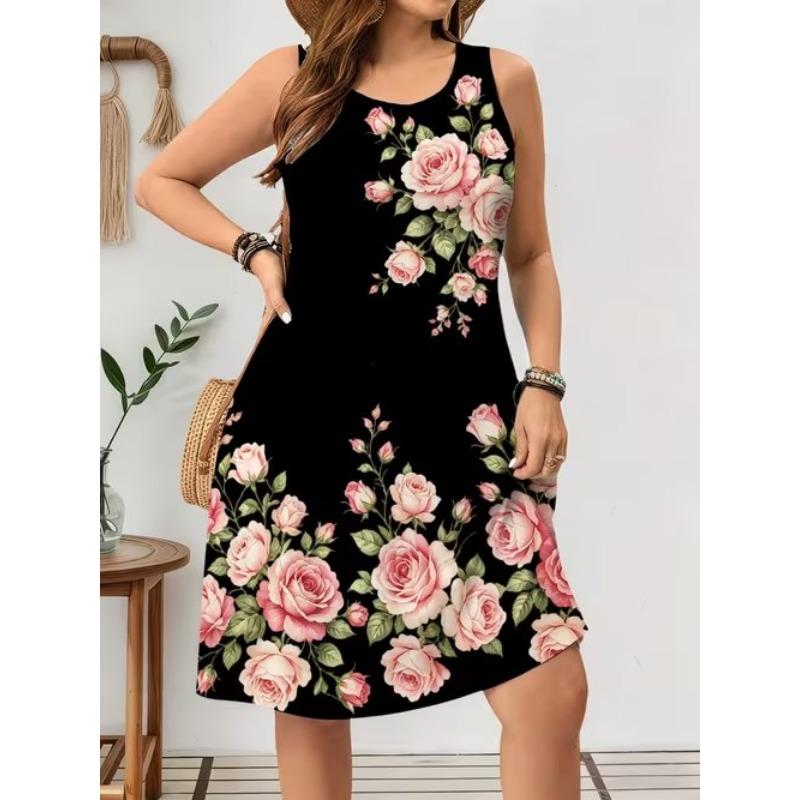 

Women s Floral Pattern Printed Sleeveless Round Neck Dress Loose Soft and Comfortable Plus Size Dress XS чёрный