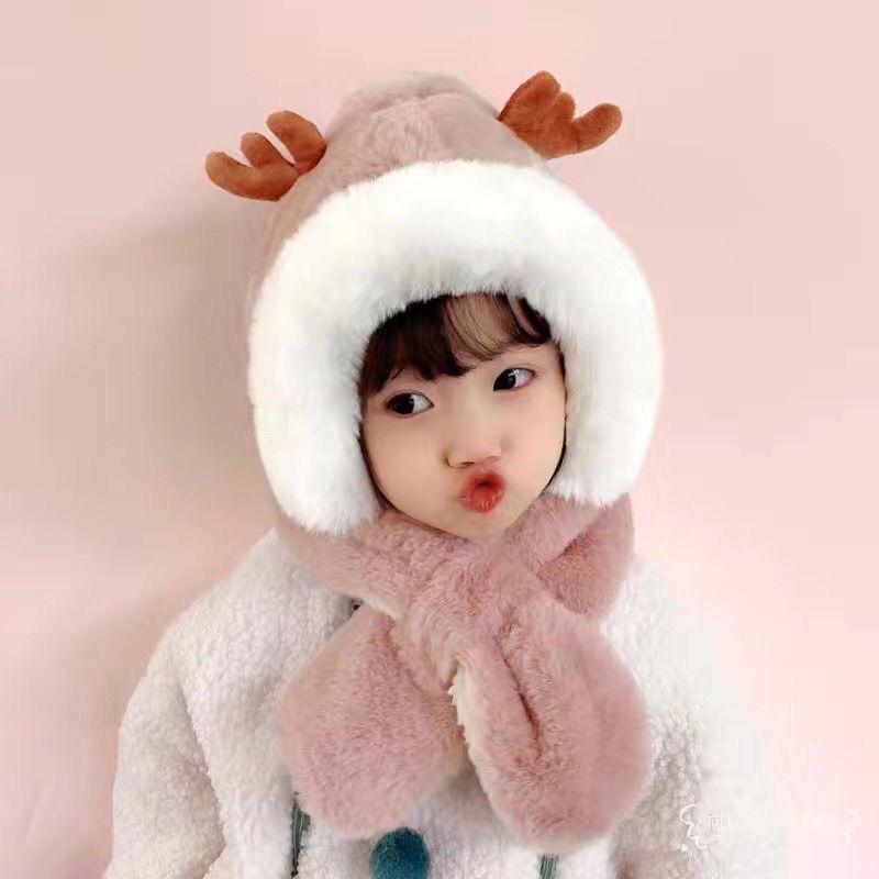 Winter thickened velvet ear protectors cute antlers baby hat scarf integrated boys girls baby pullover hat