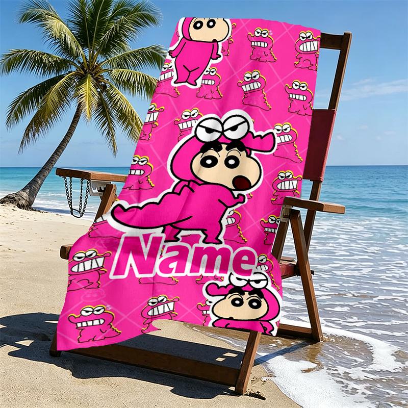 Custom Name Personalized Crayon Shin Print Beach Towel, for Trip Camping Beach Party Home Decor, Birthday Gift for Family & Friends