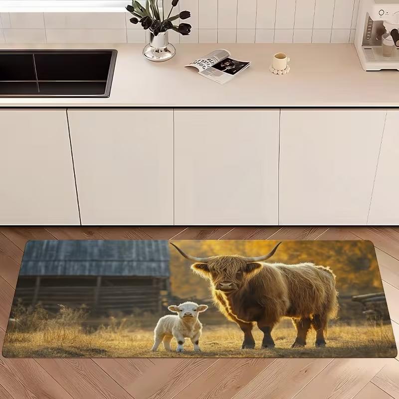 Highland Cow Kitchen Rug Farm Mother and Baby Cow Pattern Non Slip Floor Mat for Kitchen Rustic Country Home Decor