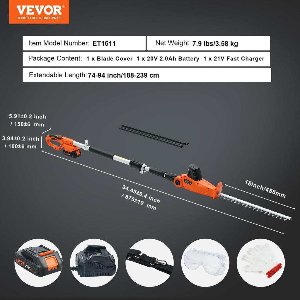 20V Cordless Hedge Trimmer Telescoping Pole Hedge Trimmer 18 Inch Blade