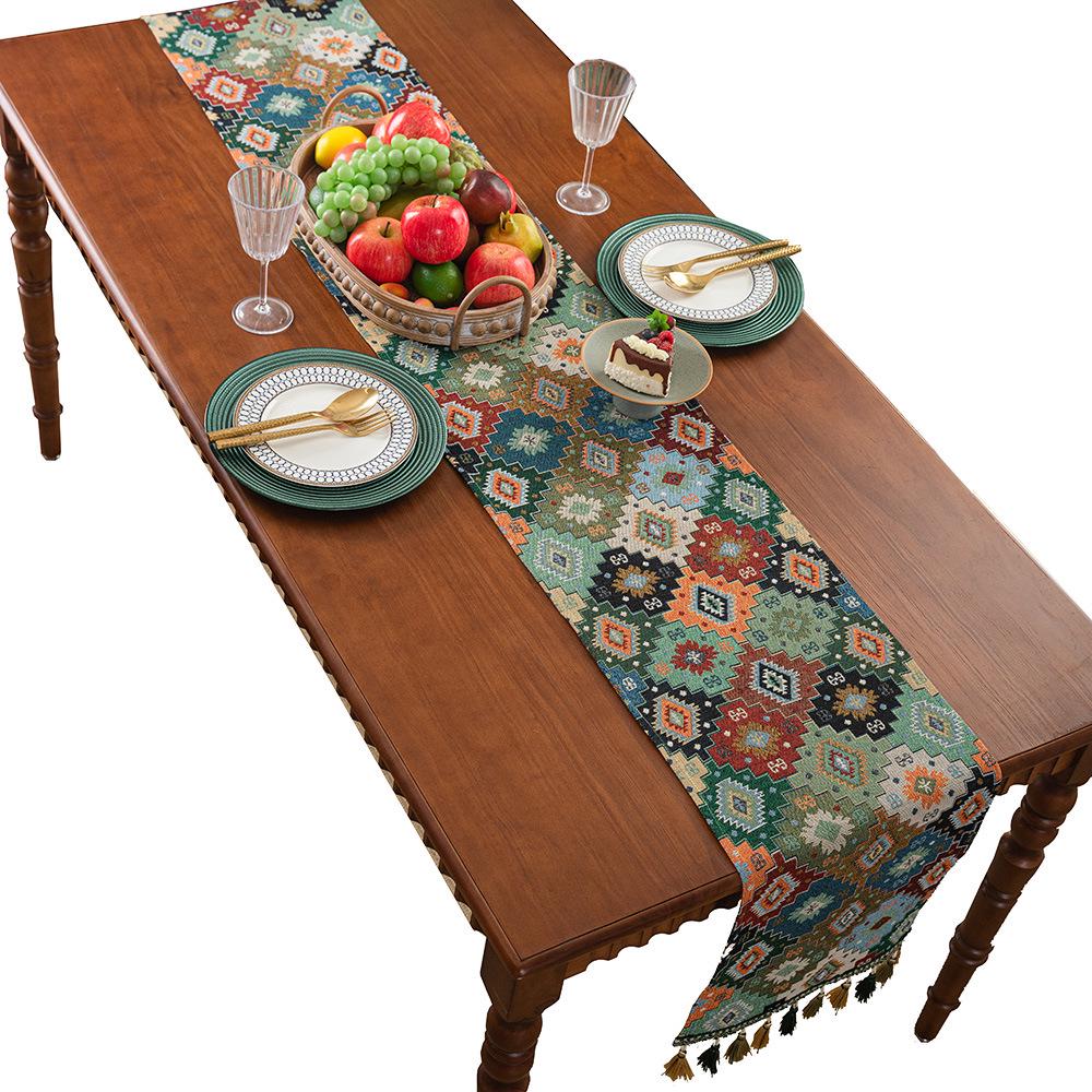 Imanqi Yun Retro Colorful Jacquard Diamond Geometric Tassel Table Runner