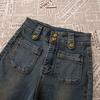 Niche design elastic pipe pants women's double-buckle high-waisted slim-fitting nine-point color matching flanged small straight jeans women