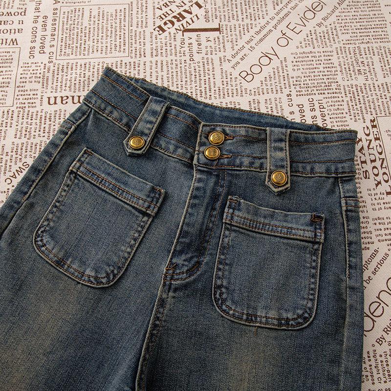 Niche design elastic pipe pants women's double-buckle high-waisted slim-fitting nine-point color matching flanged small straight jeans women