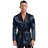 Mens Contrast Smoking Jacket Robe Belt Lapel Long Sleeve Side Pockets Satin Kimono Bathrobe Nightwear Loungewear