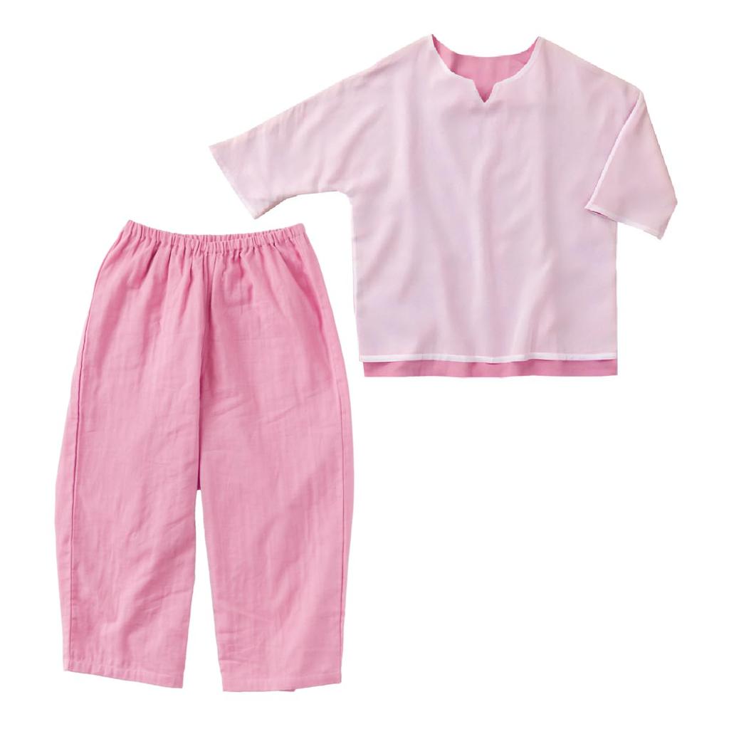 Gauze Size Short Double Loose Perfect for Loungewear [Wasaraf] Women's Two-Ply Pajamas, 3/4 Sleeves, 100% Cotton, Pink, L, Loungewear, Sleeves,