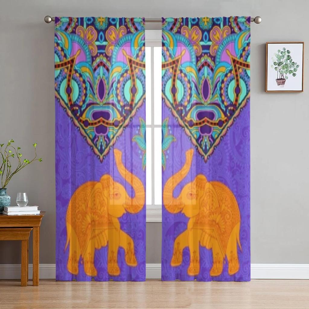 Elephant Hand Drawn Indian Style Sheer Curtains For Bedroom Living Room Tulle Curtains For Kitchen Window Voile Curtains