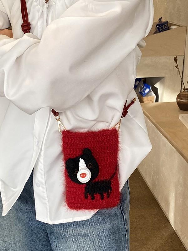 Handmade Knit Dog Pattern Shoulder Bag With Cell Phone Pocket For Casual Daily Use