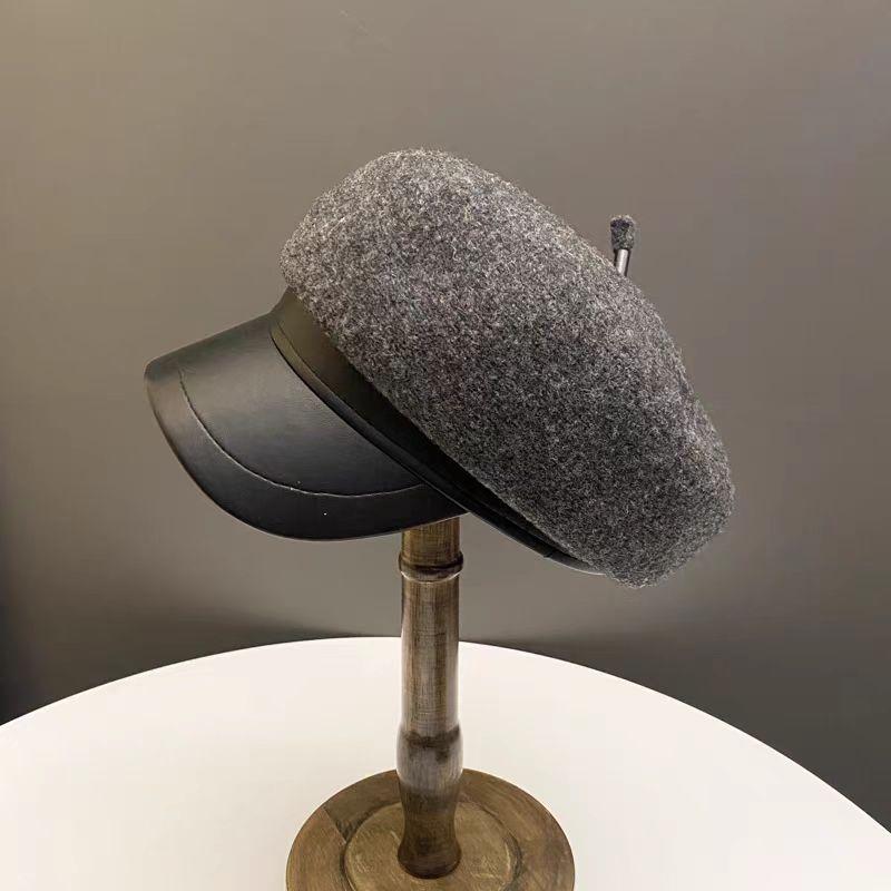 Simple PU Leather Brim Octagonal Hat Women's Autumn and Winter Woolen Peaked Cap Versatile Newsboy Hat