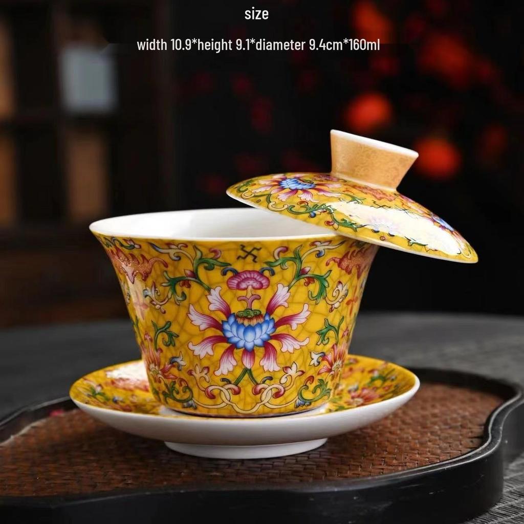 Rotating Sancai Gaiwan: Enamel Color Mutton Fat Jade Porcelain Tea Bowl with Lid for Kung Fu Tea Brewing.