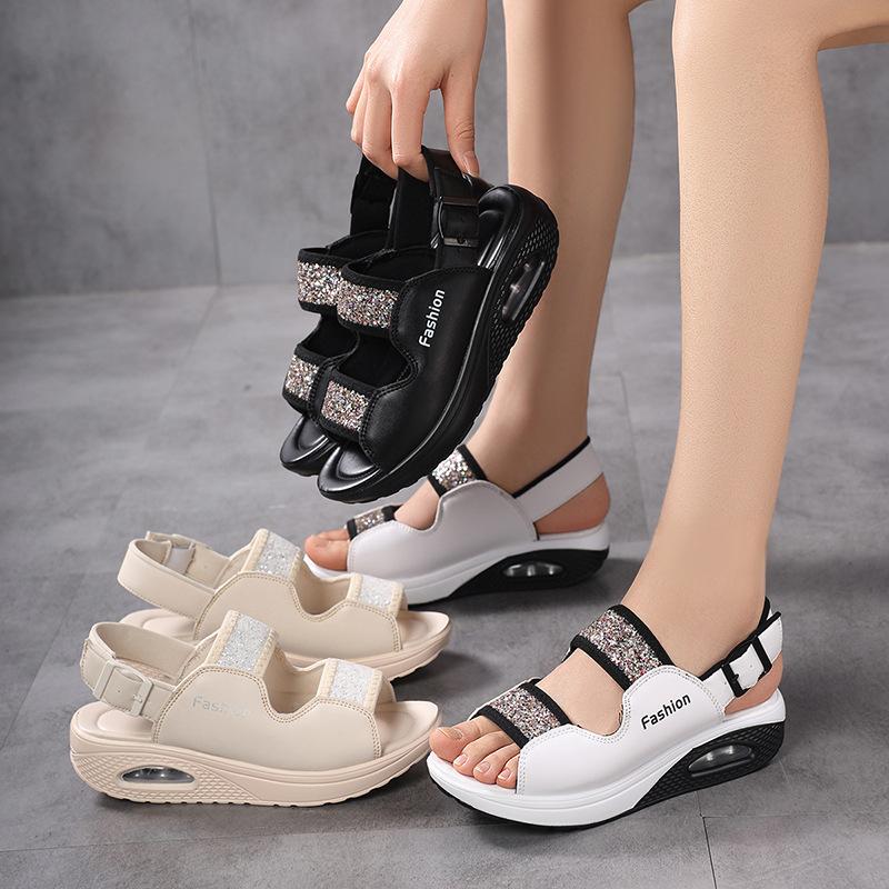 Large size soft leather thick-soled muffin sports sandals women wear new wedge heel heightening beach shoes