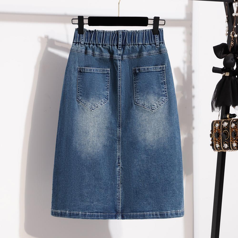 DIMANAF 2026 Summer Plus Size Women Skirts Elastic Waist Denim Solid Blue Oversize Lady Casual Cotton Long Skirts Beading