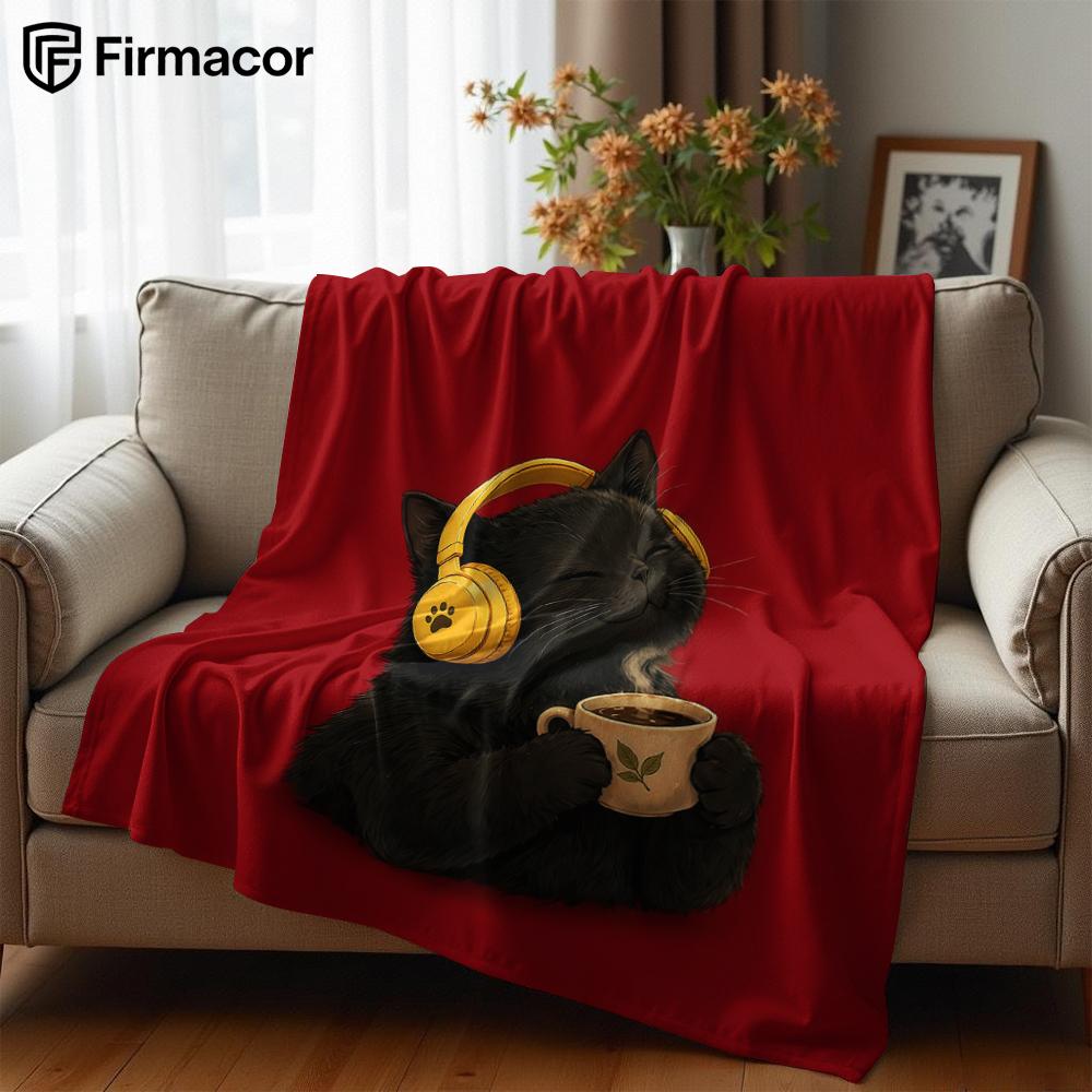 Red Black Cat Coffee Cartoon Anime Print Flannel Blanket Soft Warm Throw for Kids Bedroom Sofa Bed Christmas Office Car