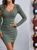 2026 European & American Slim-Fit Ribbed V-Neck Long-Sleeved Hip-Hugging Dress for Spring & Autumn