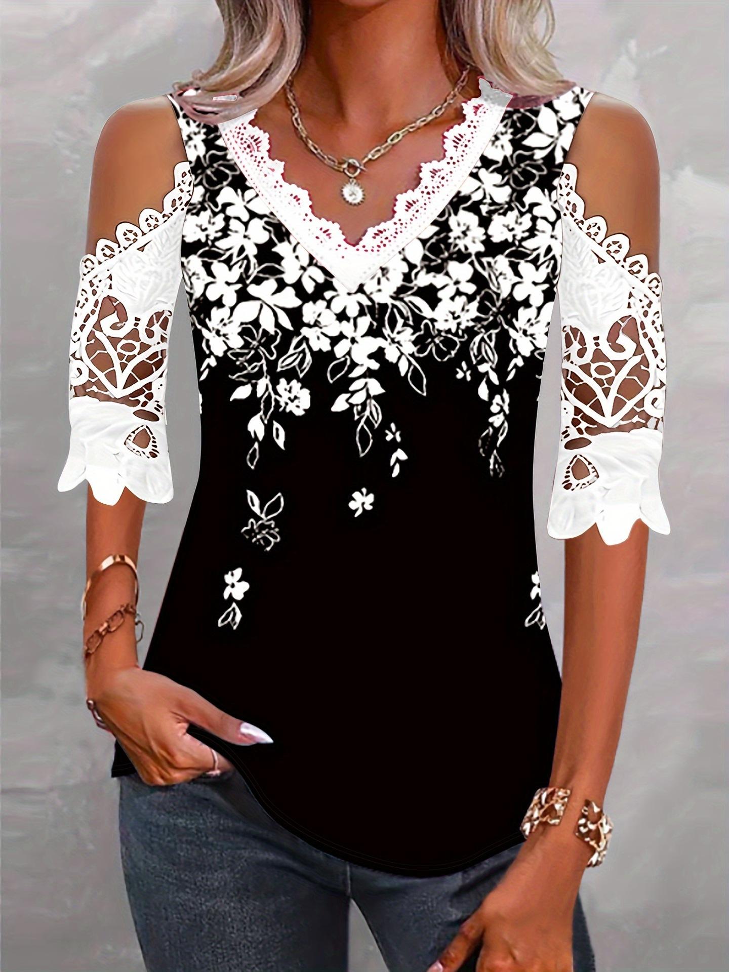 Women s Black Off-Shoulder V-Neck Top with Lace Trim and Floral Print S чёрный
