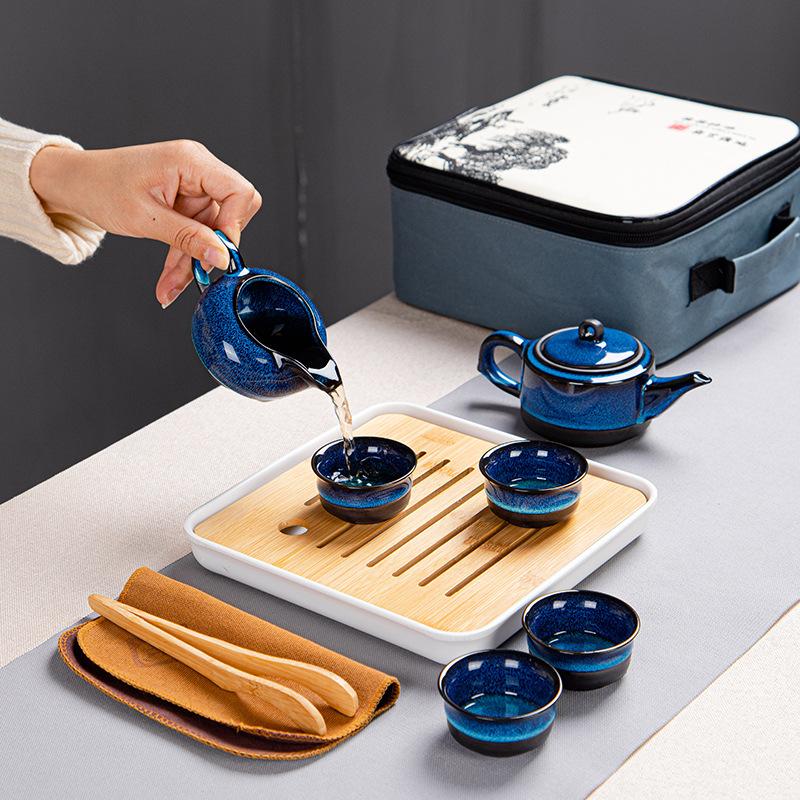 Ceramic Travel Kung Fu Tea Set Travel Set Tianmu Glaze Jun Kiln Becomes Portable Business Gift