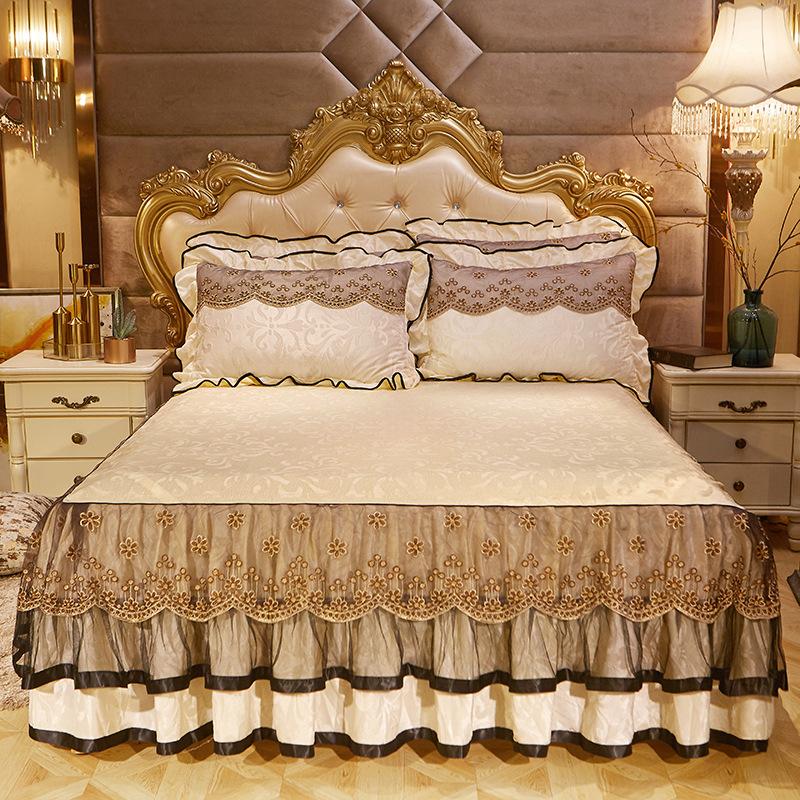 

Бархатная кружевная юбка-кровать в европейском стиле, тисненое покрывало, нескользящий защитный чехол, теплое постельное белье на осень и зиму 220*240cm 3pcs