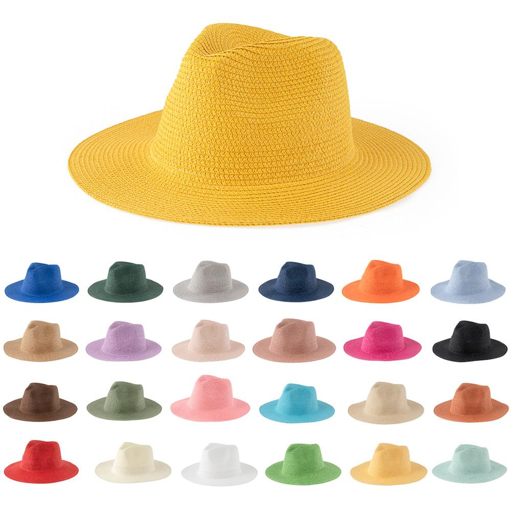 Straw Hat Solid Color Straw Top Hat Women, Seaside Beach Sunshade Sun Protection Panama Jazz Hat