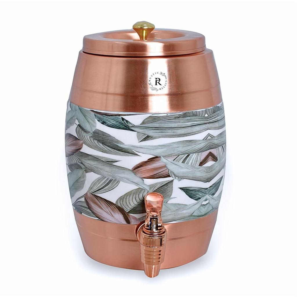 Pure Copper Water Matka - 5L | with Beautiful Print | Copper Water Storage Dispenser with Ayurvedic Health Beneifts | for Home and Offices Purpose