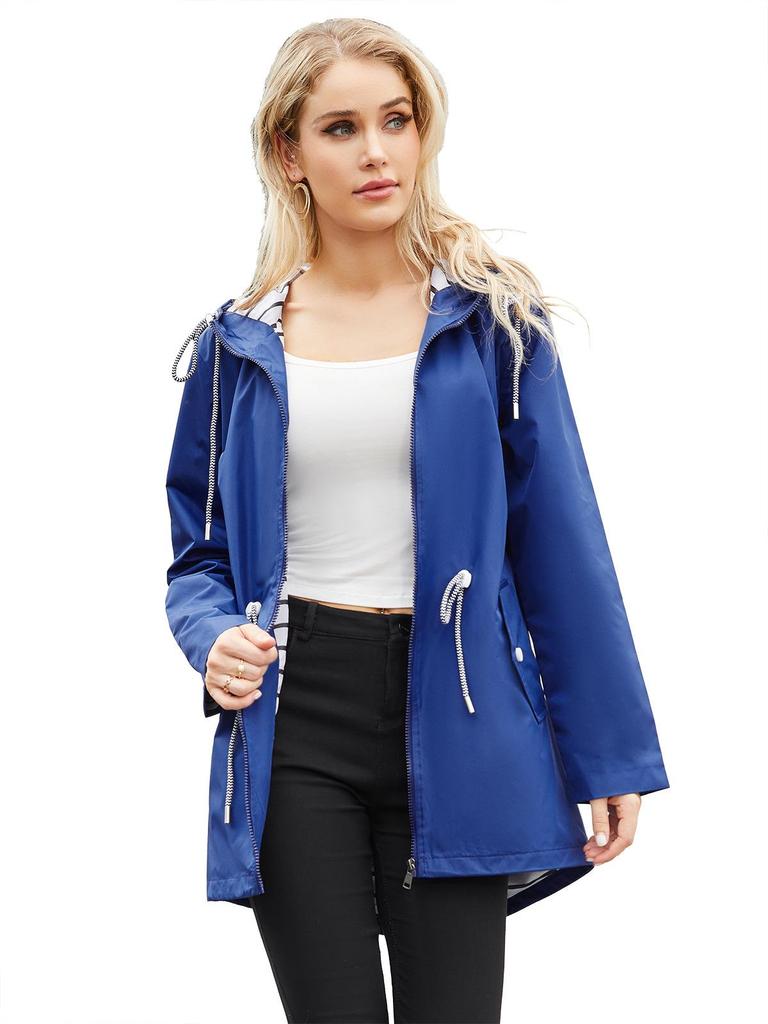 2025 Damen Wasserabweisender Trenchcoat mit Kapuze und gestreiftem Futter - Langärmlig, Mittellang, Übergröße.