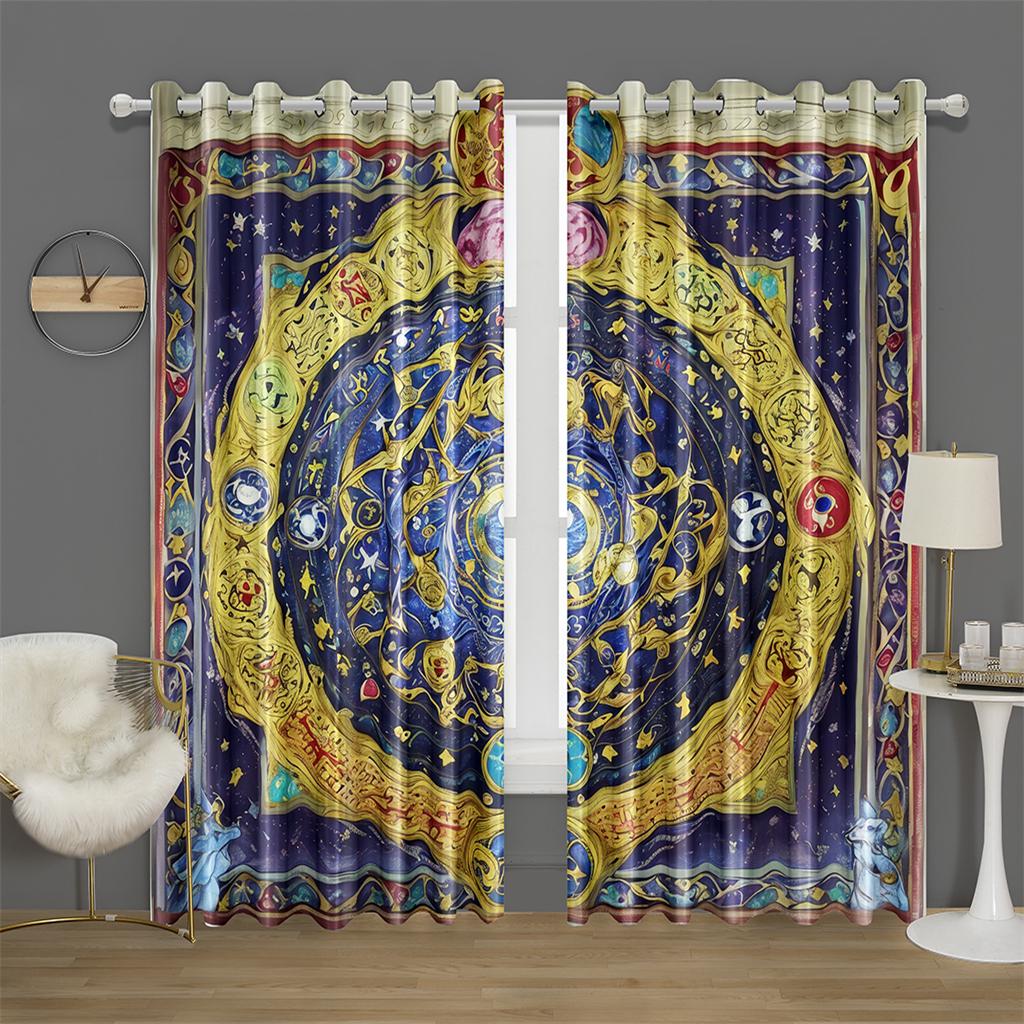Mystic Zodiac Curtains 2 Panels 3D Print Sun Block Gold Blue Magic Pattern Bedroom Living Room Decor Starry Astrology Art