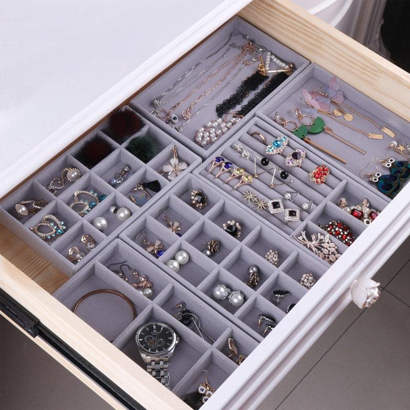 Jewelry Organizer Tray Stackable Velvet Jewelry Trays Drawer Inserts Earring Organizer Case For Women Jewelry Storage Display