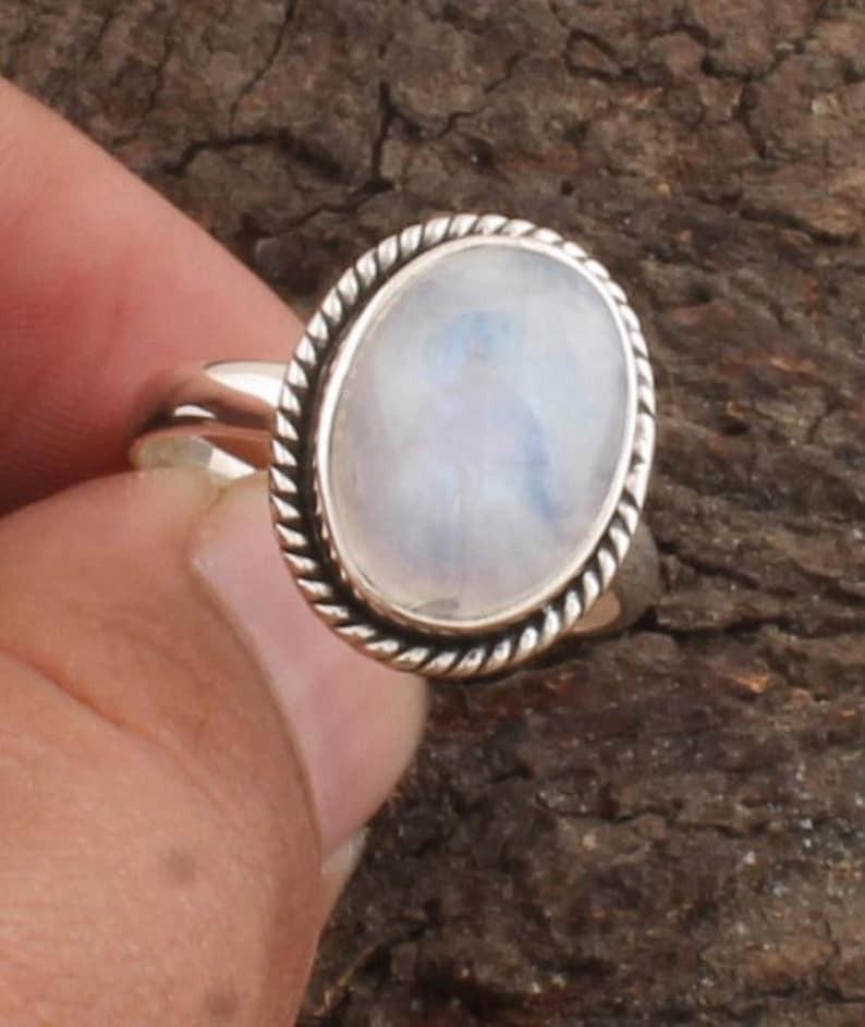 Solid 925 Sterling Silver Rainbow Moonstone Gemstone Boho Designer Birthstone Gift Ring Jewelry Gift For Her