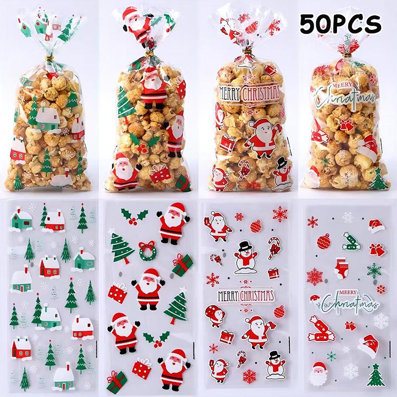50 Pcs Merry Christmas Cellophane Bags With Twist Ties Xmas Clear Cello Candy Gift Bags New Year'S Eve Christmas Party Decoration