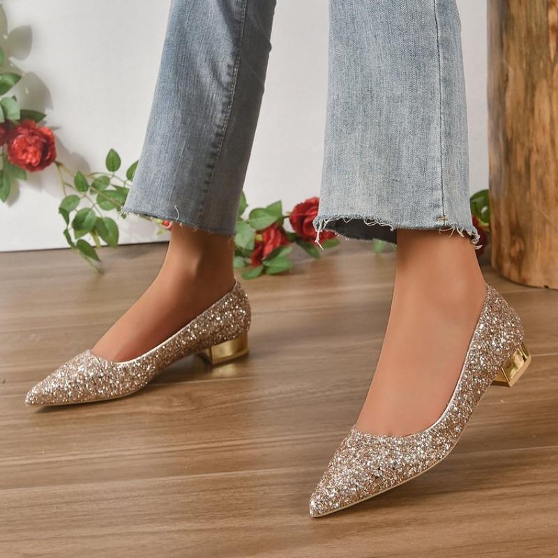 Fashion Sexy  Shiny Sequin Pumps Women New Pointed Toe Low Heels Wedding Party Shoes Woman Slip-on Bling Glitter Bride Shoes