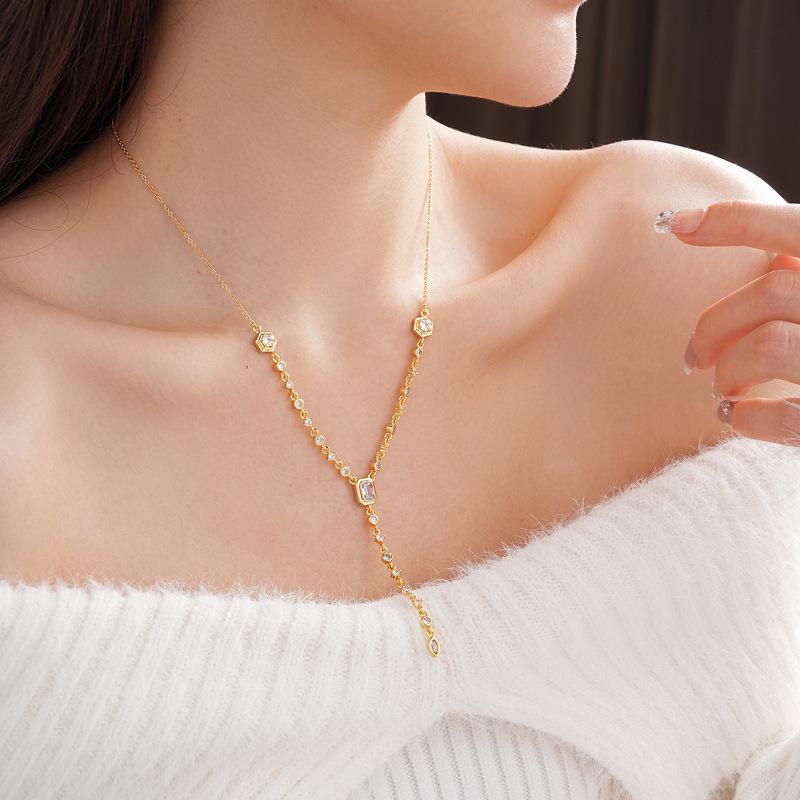 Gold Electroplated Oval Zircon Tassel Necklace - Korean Light Luxury, High-End Sweater Chain, European & American Style for Women