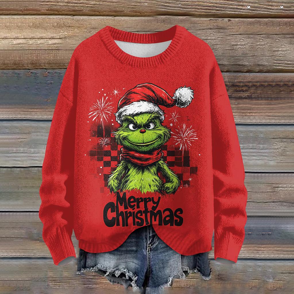 Ladies' Fashionable Casual Long Sleeved Cute Print Round Neck Knitted Yarn