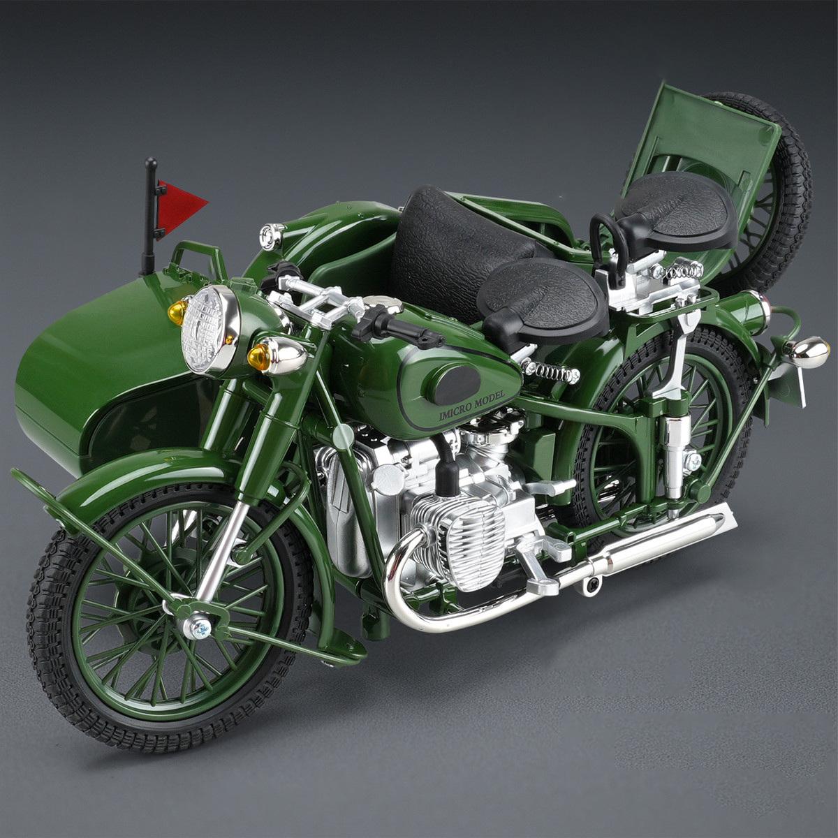

1/10 Alloy Retro Side-car Motorcycle Model Diecast Metal Classic Military Tricycle Motorcycle Model Sound and Light Kid Toy Gift