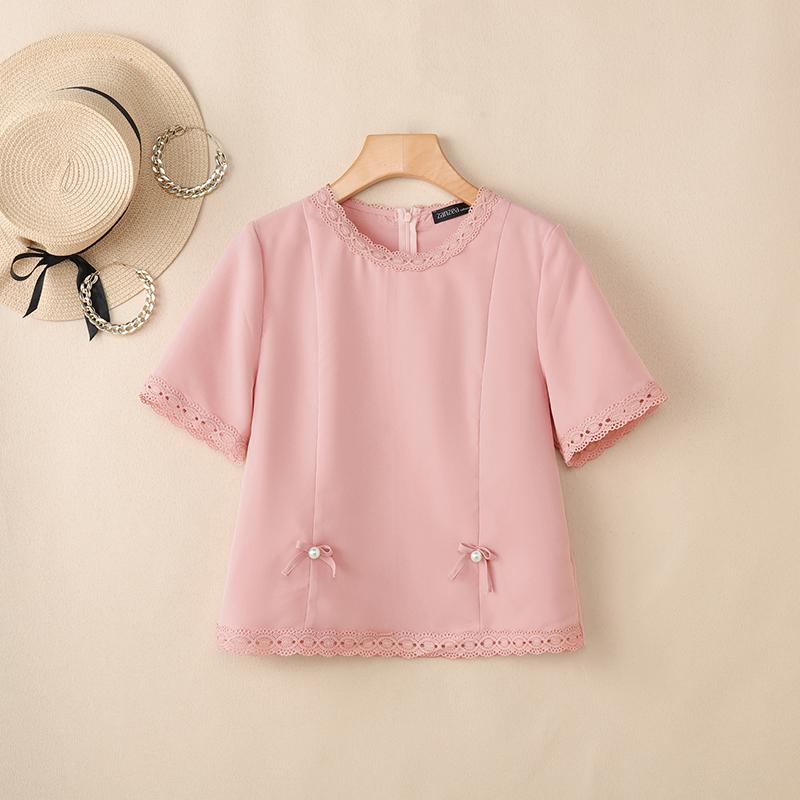 ZANZEA Women Lace Splice Round Neck Casual Short Sleeve Blouse S
