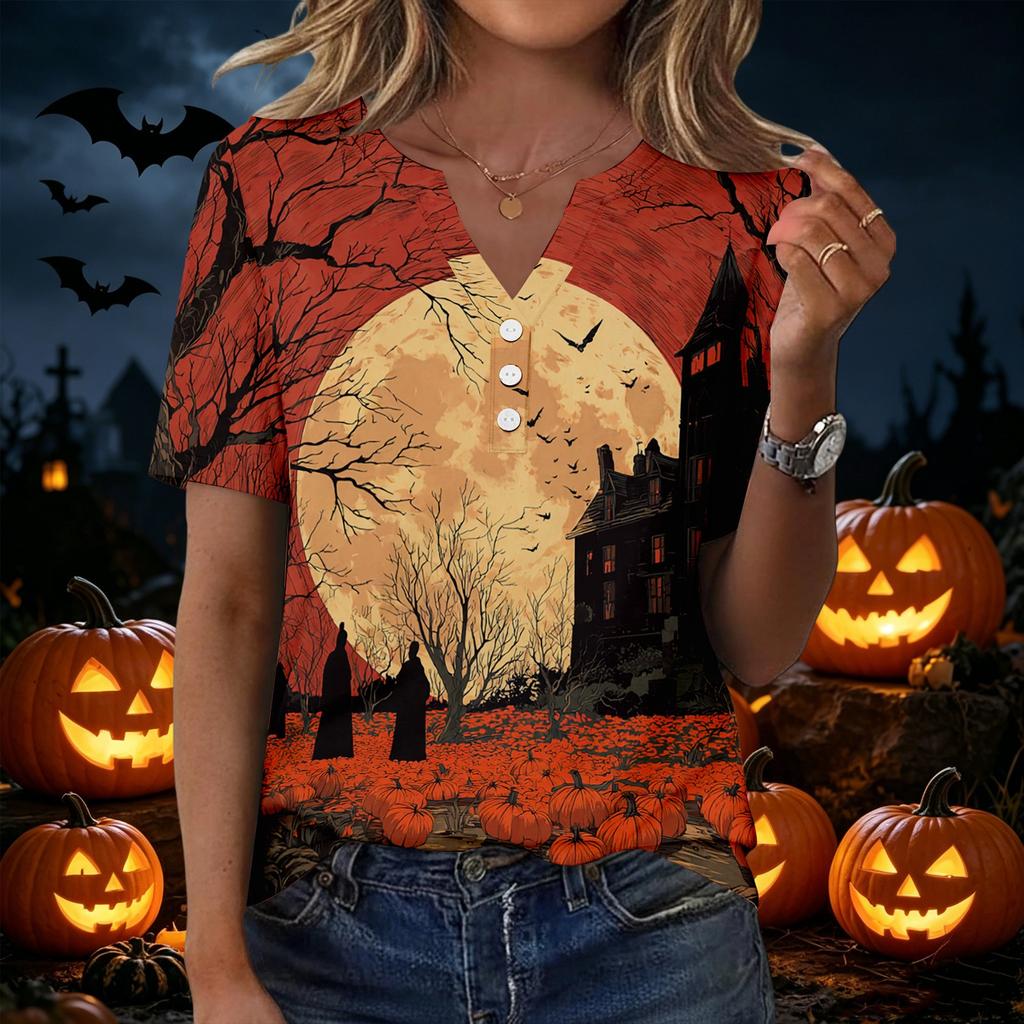 Womens Casual Halloween Printed V Neck Short Sleeve Button Down T Shirt Top for Daily Wear Holiday Party Outfit