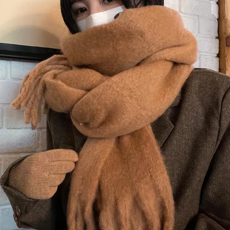 

WTEMPO Женские утолщенные однотонные зимние длинные теплые шарфы с кисточками, ветрозащитные, морозостойкие, универсальные повседневные шарфы One Size кофейный