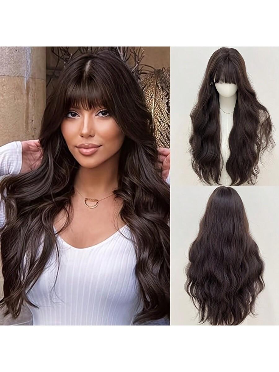 

Модный женский парик с полной головкой и воздушной челкой, длинные вьющиеся волосы, натуральный парик с полной головкой, подходящий для ежедневного ношения