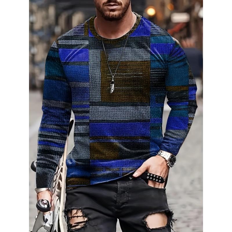Men's Colorful Irregular Grid Pattern Round Neck Long Sleeved T-shirt