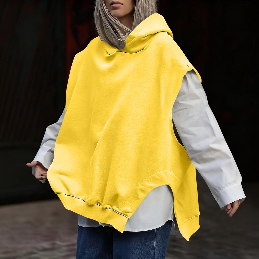 Women's Fashionable Solid Color Sleeveless Hooded Hem Asymmetrical Casual Pullover Vest Hoodie