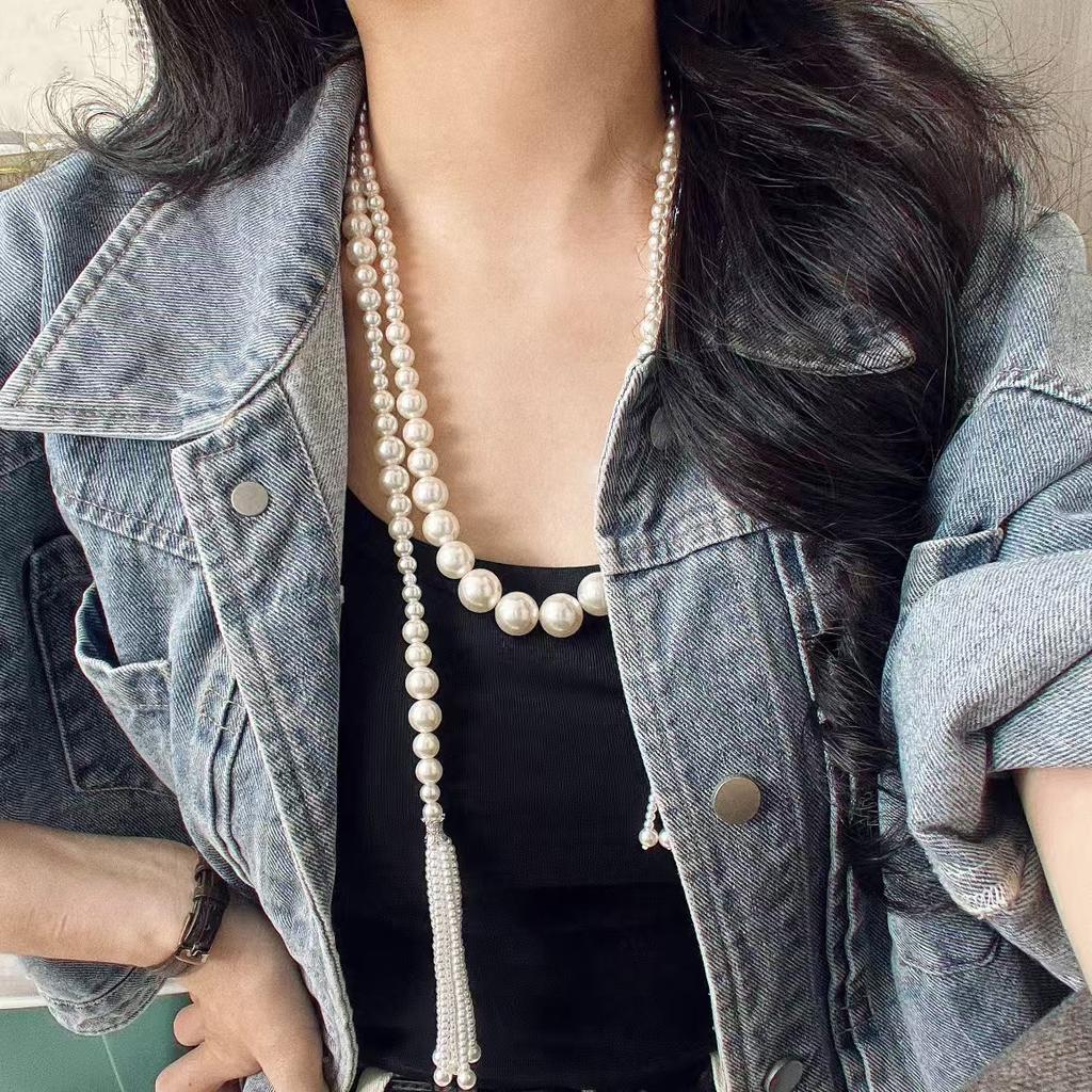 Vintage High-Quality Strong Light Artificial Crystal Pearl Tassel Various Wearing Methods Sweater Chain Necklace